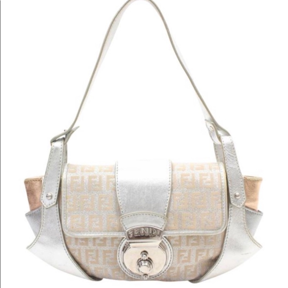 FENDI Zucchino Cream & Silver Leather Shoulder Bag